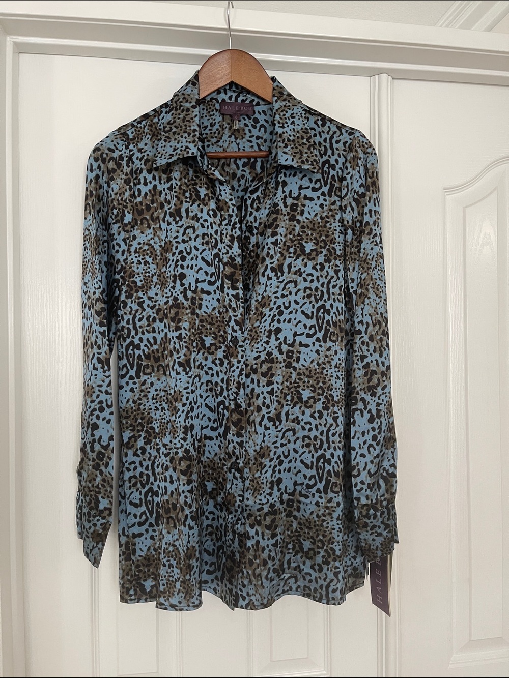 Hale Bob Silk Sky Blue and Brown Leopard Button-Up Blouse